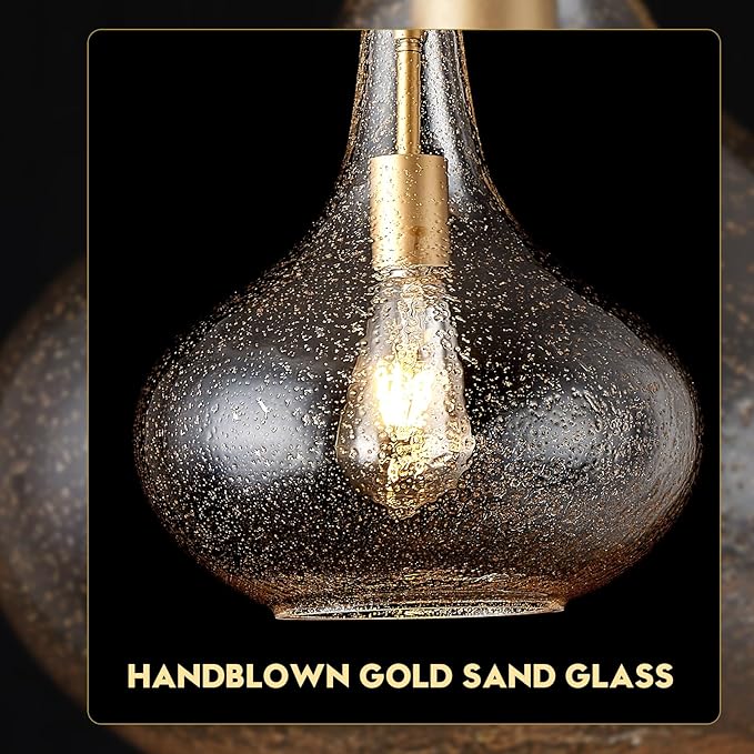 Handcrafted 11-Inch Mid-Century Modern Brass Gold Pendant Light with Seeded Glass Shade - Elegant Dining Room Pendant Light
