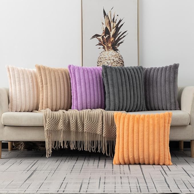 ZLINA Set of 2 Beige Faux Fur Decorative Throw Pillow Covers Fluffy Striped Pillowcase Cushion Covers 16 x 16 Inch Decor Sofa Couch Bedroom