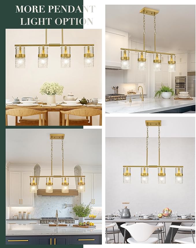 LMS 4-Light Brushed Gold Island Chandelier Lights for Kitchen, Mid Century Pendant Light with Hammered Glass Shade, Farmhouse Dining Room Light Fixture, Kitchen Island, LMS-171GD-4