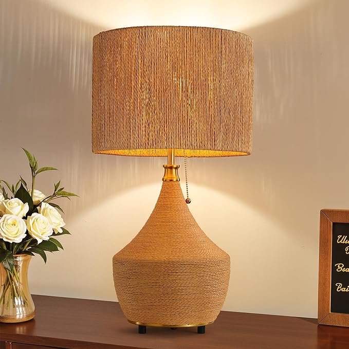 Rattan Lamp Boho Table Lamp - 23.62" Bedside Table Lamps for Bedroom Rustic Handmade Woven Lamp Nightstand Lamps with Pull Chain for End Table, Living Room, Farmhouse - E26 Socket (Tan-1PC)