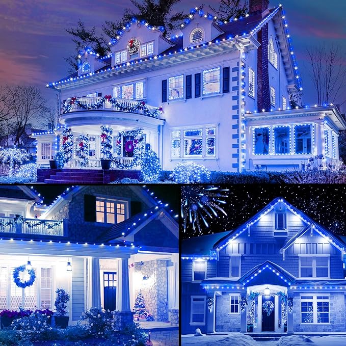 Brightown C9 LED Christmas Lights Outdoor, 33ft 50 LED Waterproof Strawberry String Lights, Extendable Green Wire Lights String for Outdoor Indoor Patio Party Decoration, Blue and White