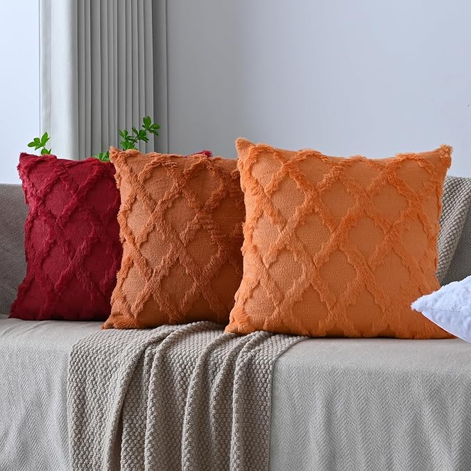 Set of 2 Soft Moroccan Throw Pillow Covers 18x18 Inch Plush Boho Decorative Pillow Cover Accent Cushion Case for Couch Sofa Bed, Burgundy
