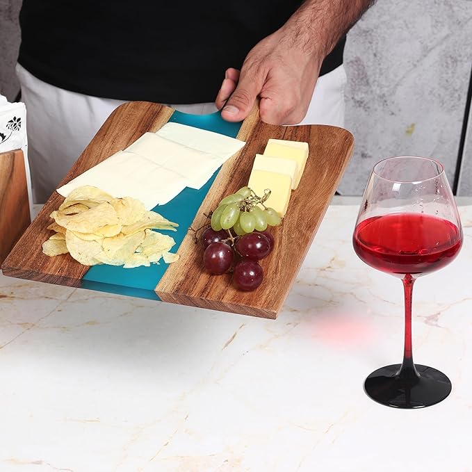 Acacia Wood & Epoxy cheese board | 16.5x10inch | Use as serving platter tray for charcuterie, appetizers, Snacks, dishes | Resin Cutting Board for fruits and vegetables | Turquoise