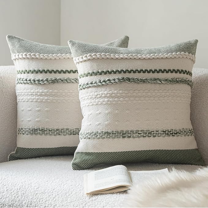 Boho Throw Pillow Covers 20x20 Inch Set of 2, Green Textured Decorative Couch Pillow Cases for Farmhouse Home Decor, Accent Cushion Cover for Sofa, Bed, Living Room, Bedroom