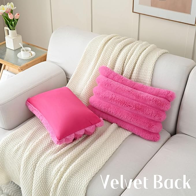 FUTEI Hot Pink Decorative Throw Pillow Covers 12x20 Inch Set of 2, Square Soft Faux Rabbit Fur Big Striped Cushion Cover,Home Decor for Couch Sofa Bed Living Room