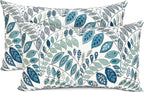 Decorative Throw Pillow Covers Set of 2 Blue Green Small Leaves Pillow Covers 12x20 inch Soft Short Plush Square Floral Throw Pillows,Farmhouse Outdoor Pillow Covers for Couch Living Room
