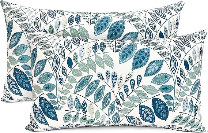 Decorative Throw Pillow Covers Set of 2 Blue Green Small Leaves Pillow Covers 12x20 inch Soft Short Plush Square Floral Throw Pillows,Farmhouse Outdoor Pillow Covers for Couch Living Room