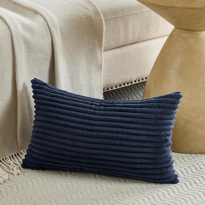 Fancy Homi Set of 2 Navy Blue Boho Small Lumbar Decorative Throw Pillow Cover 12x20 Inch for Couch Bed Chair, Aesthetic Modern Bohemian Room Decor, Soft Fluffy Corduroy Rectangle Cushion Case 30x50cm