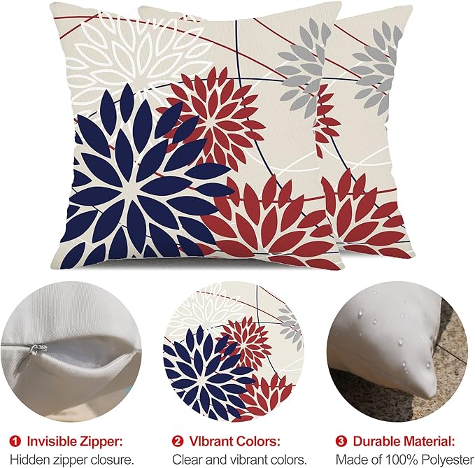 DFXSZ 4th of July Pillow Covers 18x18 Inch Set of 2 Patriotic Blue Red Floral Outdoor Waterproof Decorative Throw Pillows Polyester Cushion Case Decor for Patio Funiture Garden Couch 01H18