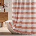 Boho Farmhouse Heavyweight Shower Curtain with Tassels, Rustic Cotton Linen Woven Fabric Striped Shower Curtain Water Repellent, Rusty Red Shabby Chic Shower Curtains for Bathroom