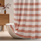 Boho Farmhouse Heavyweight Shower Curtain with Tassels, Rustic Cotton Linen Woven Fabric Striped Shower Curtain Water Repellent, Rusty Red Shabby Chic Shower Curtains for Bathroom