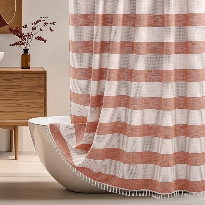 Boho Farmhouse Heavyweight Shower Curtain with Tassels, Rustic Cotton Linen Woven Fabric Striped Shower Curtain Water Repellent, Rusty Red Shabby Chic Shower Curtains for Bathroom