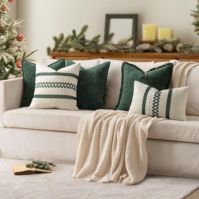 MIULEE Pack of 2 Christmas Pillow Covers 24x24 Inch Dark Green Farmhouse Decorative Throw Pillow Covers with Stitched Edge Soft Chenille Solid Dyed Couch Pillow Covers for Sofa Bed Living Room