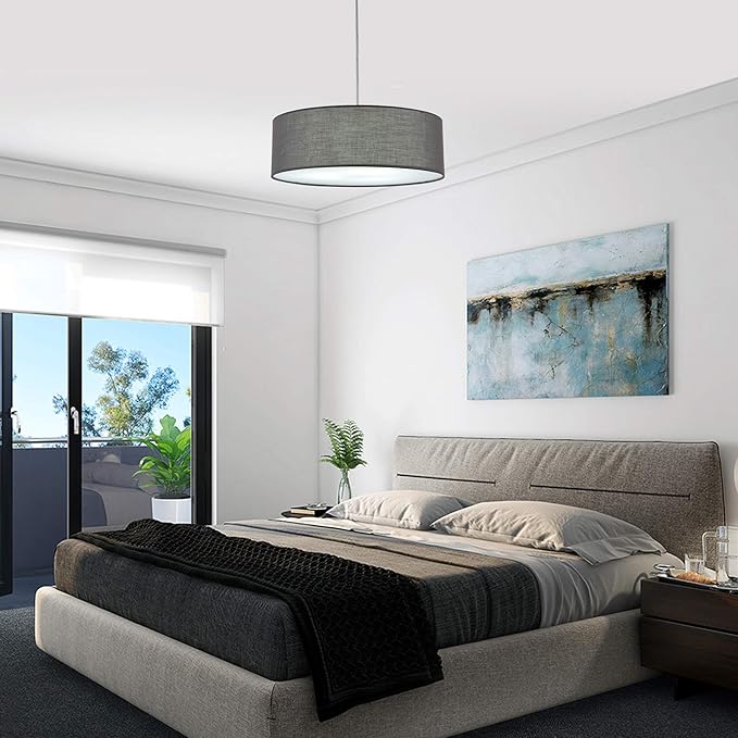 SomSom Modern Fabric Pendant Light, 15" Classic 3-Light Drum Ceiling Chandelier, Grey Drum Shade, Round Frosted Acrylic Diffuser, Lamps for Living Room