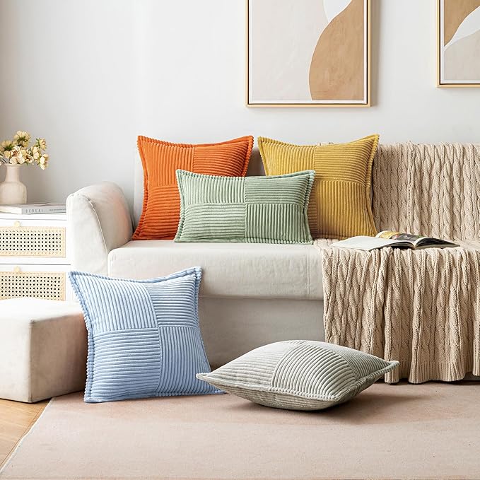 MIULEE Decorative Throw Pillow Covers for Couch Bed Livingroom 18x18 Inch Set of 2 Baby Blue Boho Accent Throw Pllows Broadside Striped Patchwork Soft Corduroy Pillowcases