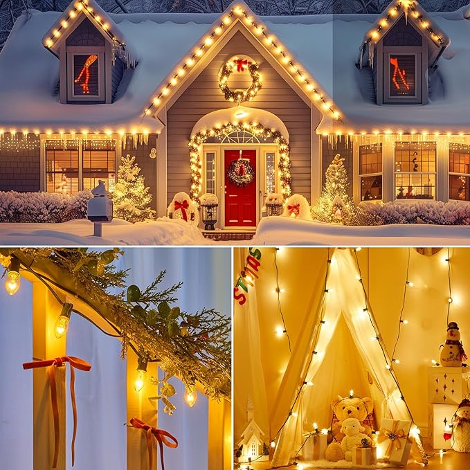 Brightown C7 Christmas Lights Outdoor 25 Feet Warm White Christmas Lights String Green Wire for Room Roofline House Garden Patio Backyard Cafe Party Xmas Home Decorations, 25 Clear Bulbs