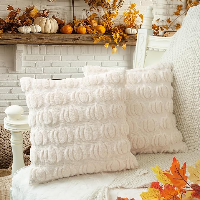 GEEORY Fall Pumpkin Throw Pillow Covers 20x20 Inch Set of 2, Autumn Soft Plush Faux Fur Wool Decorative Farmhouse Holiday Cushion Case for Home Decoration (Beige) GC002-20