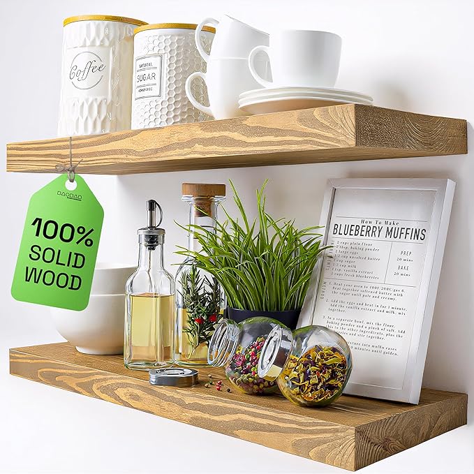 BAOBAB WORKSHOP Natural Wood Floating Shelves for Wall 24 inch - Floating Wall Shelves for Kitchen Bedroom - Wooden Bathroom Shelves - Oak Floating Shelf - 24 x 6.7 Inch, Set of 2