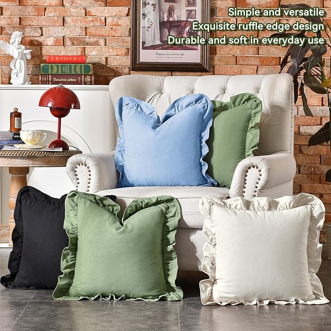 AmHoo Pack of 2 Throw Pillow Covers 100% Cotton Pre Washed Ruffle Decorative Pillowcase Cushion for Couch Sofa Bedroom 22 x 22-Inch Light Blue