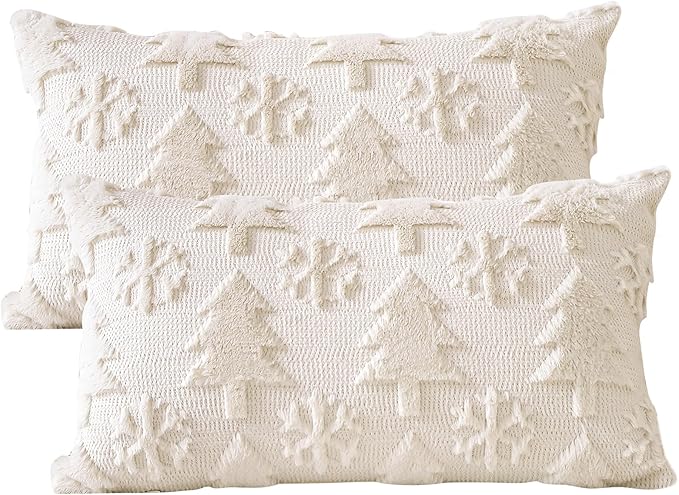 OTOSTAR Set of 2 Xmas Soft Plush Short Wool Velvet Decorative Throw Pillow Covers Rectangular Luxury Style Cushion Case Pillow Shell for Sofa Bedroom Tree and Snowflake Cream Beige, 12x20 Inch