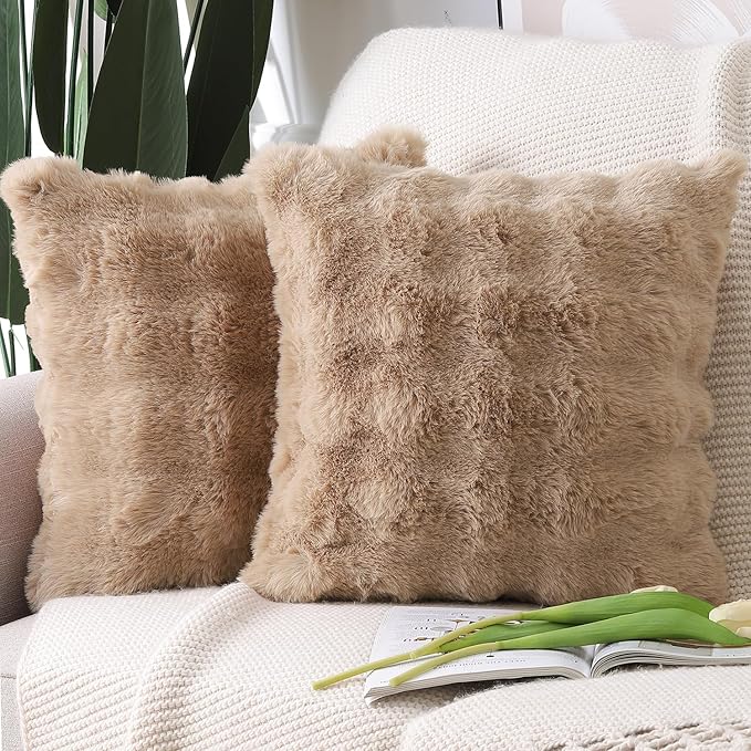 MADIZZ Pack of 2 Thick Plush Wool Throw Pillow Covers 20x20 Inch Camel Soft Neutral Decorative Throw Pillows Accent Boho Cushion Covers for Couch Sofa Bedroom Pillow Shell