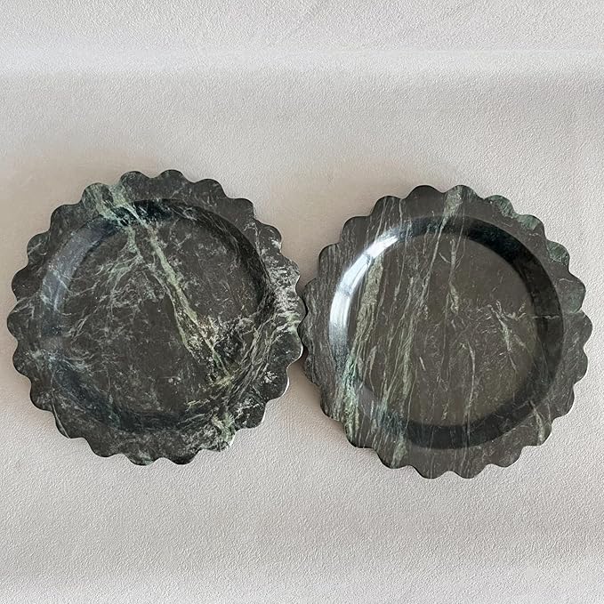 Travertine Marble Scalloped Tray Round Wave Tray Small Serving Platter for Counter, Bathroom, Kitchen, Nightstand, Jewelry Ring Dish Holder (White Dark Green)