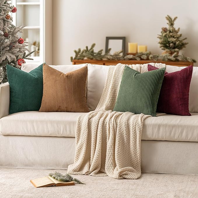 MIULEE Boho Farmhouse Christmas Green Throw Pillow Covers 18x18 Inch Set of 4 Mordern Nordic Cushion Covers Soft Corduroy Home Decor for Couch Bed Sofa Living Room
