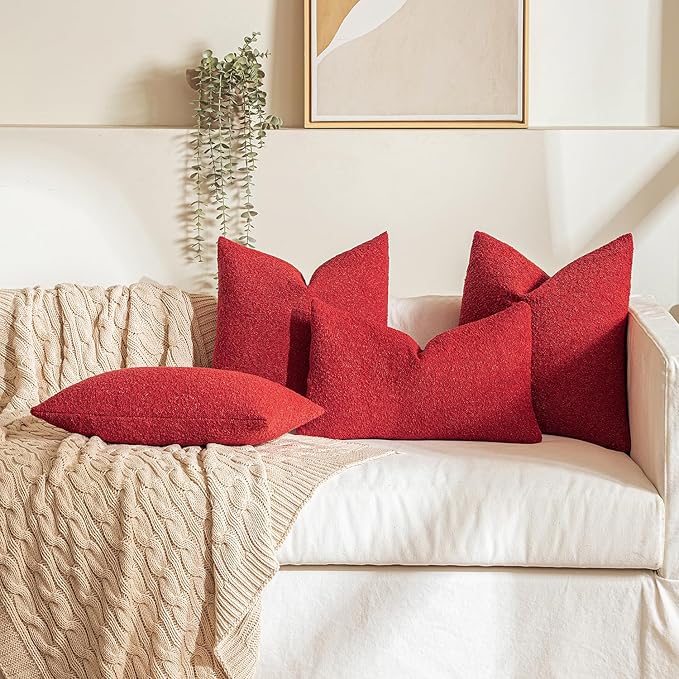 MIULEE 18x18 Inch Christmas Decorative Pillow Covers for Couch Bed Set of 2 Textured Boucle Neutral Winter Throw Pillows Red Accent Solid Cushion Pillowcases Sofa Livingroom Home Decor