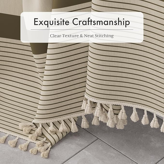 AmazerBath Farmhouse Shower Curtain, Brown Shower Curtain Set with Tassels, Rustic Faux Linen Brown Striped Boho Shower Curtain with Hooks, Warm Tan Toned, 72x72 Inches