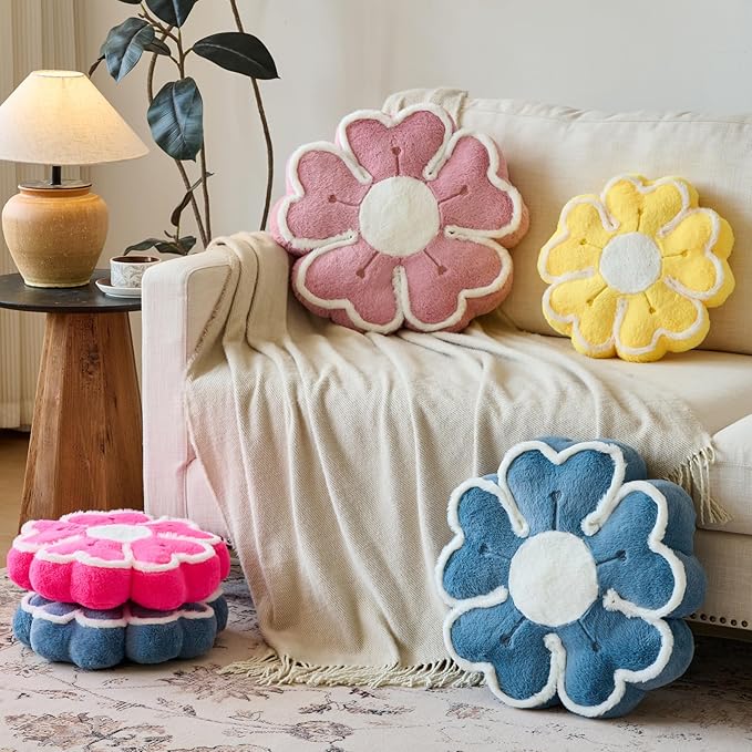 Flower Shaped Decorative Throw Pillow Cushion for Bed Couch, Cute Flower Plush Throw Pillows Home Decor Floor Pillow Seating Cushions (Grey Blue, 13.7 Inches)