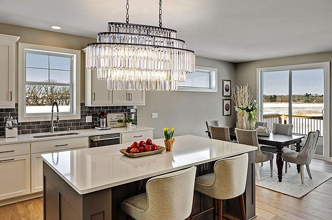 Wellmet Black Crystal Chandelier, Modern Dining Room Chandeliers 36 Inches, Farmhouse K9 Linear Rectangle Chandelier for Living Room, Kitchen Island, Pool Table Light, Foyer