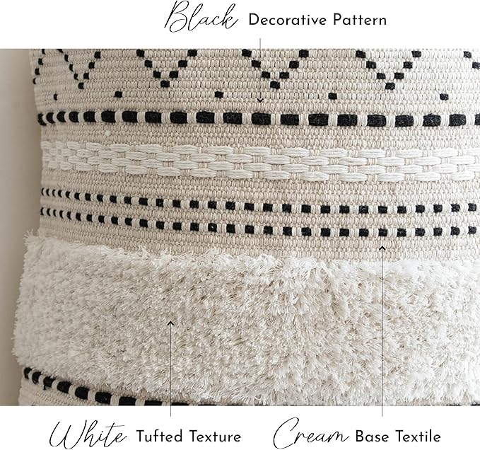 BlissBlush Decorative Lumbar Throw Pillow Cover 12x20 Rectangular Boho Accent Pillowcase Black Neutral White Farmhouse Cushion for Couch Sofa Bedroom Living Home Décor (Cover ONLY, Pack of 1)