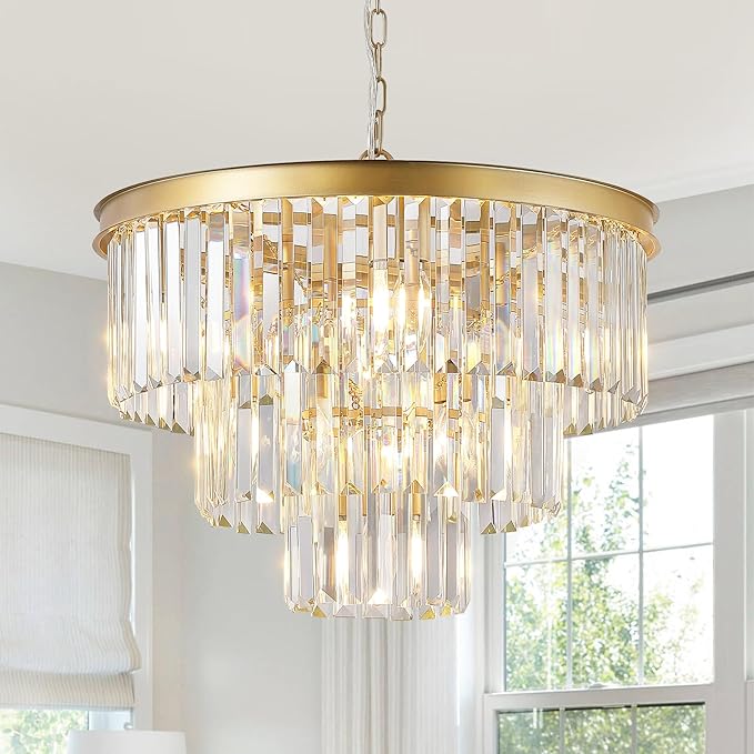 Modern Crystal Chandeliers,Gold 20” Round Chandeliers for Dining Room 3 Tiers 7 Lights Luxury K9 Crystal Ceiling Pendant Light Fixture for Foyer Bedroom Closet