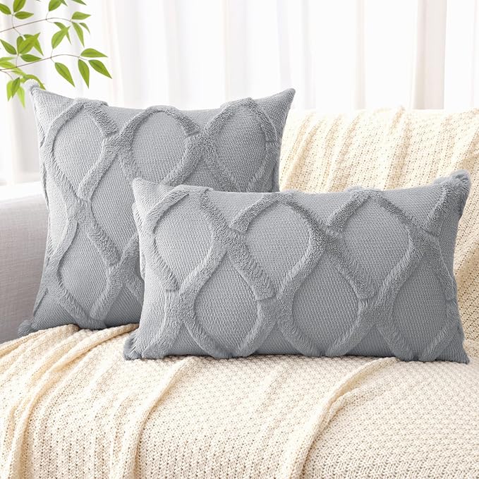 decorUhome Throw Pillow Covers 26x26 Inch Set of 2, Soft Plush Faux Fur Wool Grey Couch Pillow Covers, Decorative Neutral Pillow Cases for Bed Sofa Living Room Home Decor