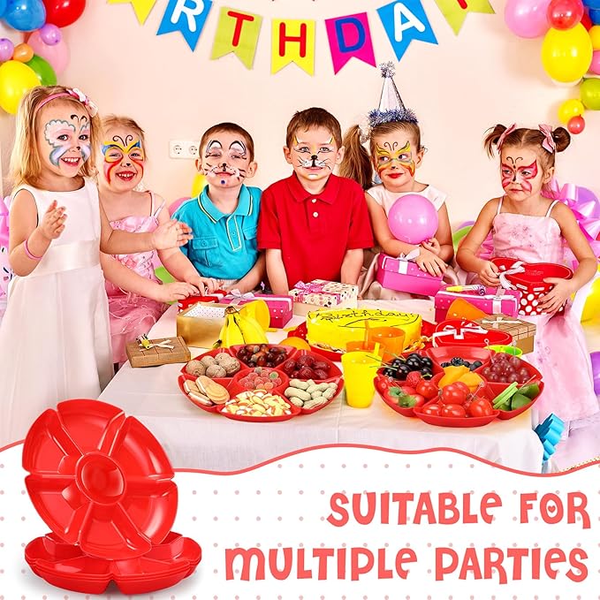 Zhehao 6 Pcs Plastic Divided Serving Trays with 60 Pcs Disposable Fork, 7 Compartments Round Chip Dip Plate, Petal Shape Platter, 10.6'' Snacks Serving Dish for Party Candy Nuts Fruits (Red)