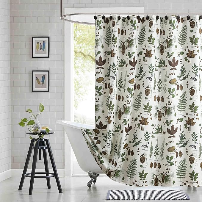 Fabric Shower Curtain, Brown and Green Natural Botanical Leaf Pinecone Print Shower Curtains for Bathroom, 72" W x 72" H