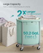 SONGMICS 50.2-Gallon (190 L) Laundry Basket with Wheels, Rolling Round Heavy-Duty Laundry Hamper Cart with Steel Frame and Removable Bag, 2 Locking Wheels, Mint Green and Metallic Silver URLS001C01