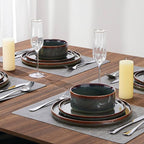 LIANYU Dinnerware Sets with Pasta Bowls, 24 Piece Ribbed Dinnerware Plates and Bowls Set for 6, Elegant Modern Stoneware Dishes Set for Kitchen Dining, Microwave and Dishwasher Safe, Jungle Green