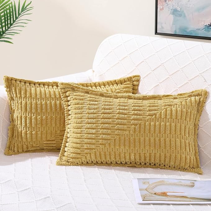decorUhome Decorative Mustard Yellow Fall Throw Pillow Covers 12x20 Set of 2 with Splicing, Boho Lumbar Soft Neutral Corduroy Broadside Twill Pillow Covers for Couch Bed Sofa Living Room