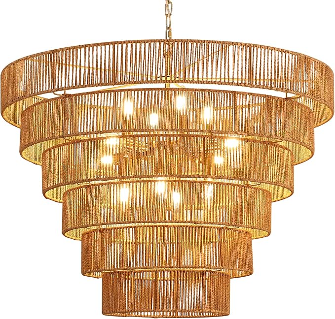 31.49" Large Rattan Chandelier Vintage Farmhouse 12-Lights Boho Hand-Woven Bamboo Chandeliers Light Fixture Rustic Wicker Rattan Golden Chandelier for Dining Room, Kitchen, Living Room, E12