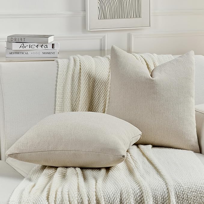 FUTEI Beige Chenille Decorative Throw Pillow Covers 16x16 Inch Set of 2,Soft Cozy Faux Linen Textured Cushion Case,Farmhouse Home Decor for Couch Living Room