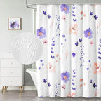 QIYI 3D Embossed Butterflies Blue Purple Flower Shower Curtain, Minimalist White Cloth Textured Waterproof Fabric Set with Hooks, 72x72