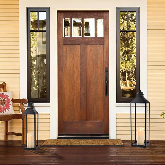 23" 19" Large Lanterns Decorative Outdoor Indoor, Set of 2 Modern Farmhouse Black Floor Lantern with Candles, Halloween, Christmas Lanterns for Fireplace, Mantle, Porch, Patio, Home Decor