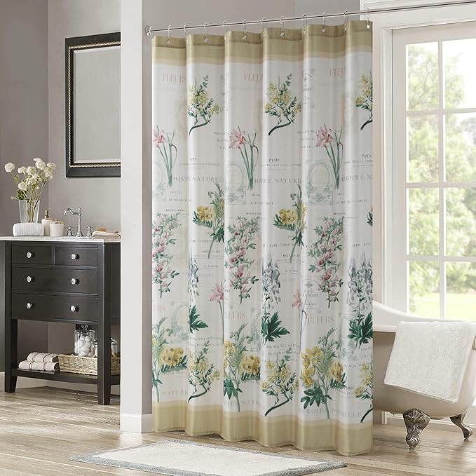 Long Fabric Shower Curtain, Country Vintage Floral Shower Curtain, Gold and Green Flower Shower Curtains for Bathroom, Waterproof Bathroom Curtains, 72" W x 78" H