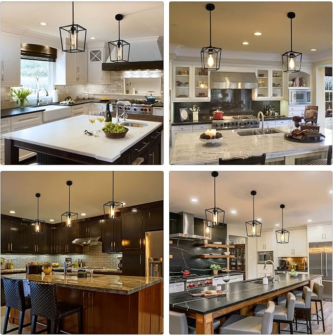 Black Pendant Lights 1-Light Pendant Lights Kitchen Island Farmhouse Lantern Pendant Light Iron Cage Hanging Light Fixtures with Clear Glass Shade for Dining Room, Entryway, Hallway, Porch