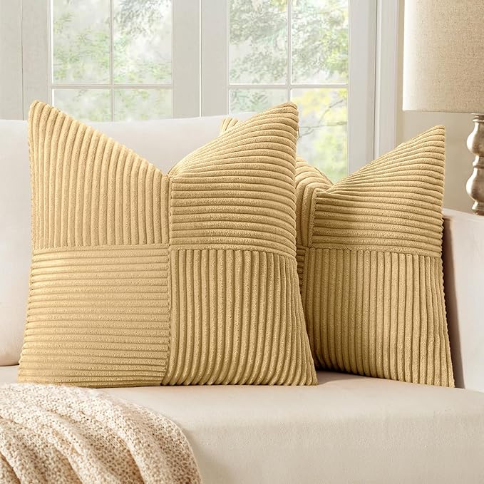 MIULEE Khaki Corduroy Pillow Covers Pack of 2 Boho Decorative Spliced Throw Pillow Covers Soft Solid Couch Pillowcases Cross Patchwork Textured Cushion Covers for Living Room Bed Sofa 16x16 inch
