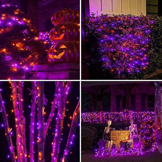 2 Pack Solar Halloween Lights Outdoor, 170 FT 480 LED Solar String Twinkle Light for Outside with 8 Modes & Memory Function, Waterproof Light for Tree Yard Horror Party Decorations (Orange & Purple)