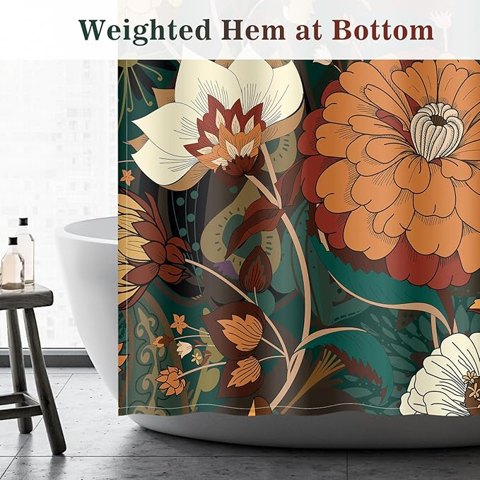 Aimego Long Boho Shower Curtain - Dark Green Floral Bohemian Chic Flowers Botanical Leaves Fabric Cloth Shower Curtain Set with 12 Hooks for Bathroom Decor Accessories Bathtub Curtain, 72"x78"