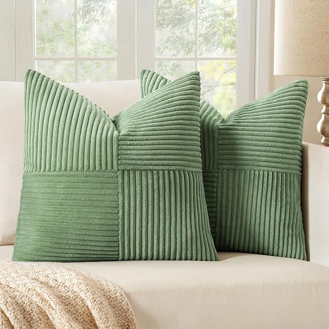 MIULEE Sage Green Corduroy Pillow Covers Pack of 2 Boho Decorative Spliced Throw Pillow Covers Soft Solid Couch Pillowcases Cross Patchwork Textured Cushion Covers for Living Room Bed Sofa 16x16 inch