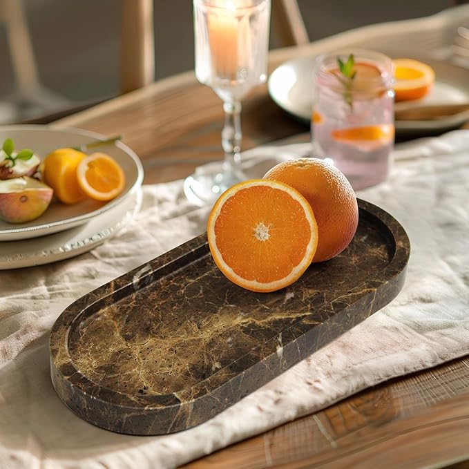 100% Real Natural Marble Tray for Bathroom, Luxury Dark Brown Stone Vanity Tray, Decorative Oval Trays for Countertop Storage Organizer, Vanity Dresser Kitchen Home Decor, 10.2" x 4.3", Brown